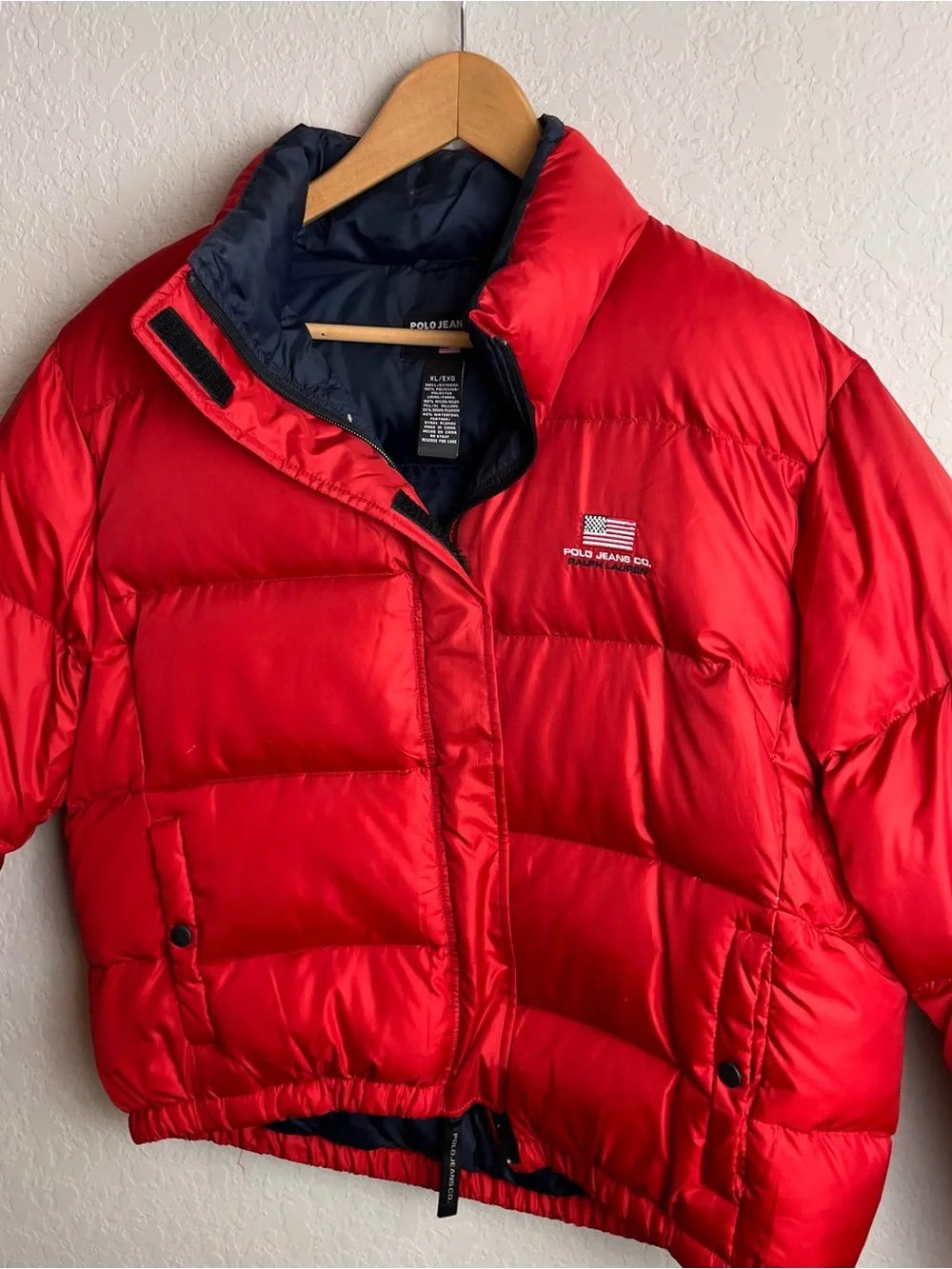 Vintage Polo Jeans Co Ralph Lauren Red Down Puffer Jacket Crop Y2K XL 90s Flag
